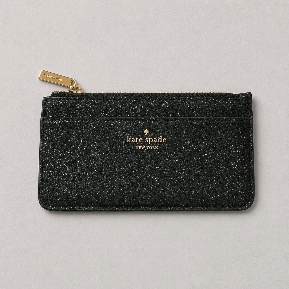 kate spade black glitter card holder with gold hardware